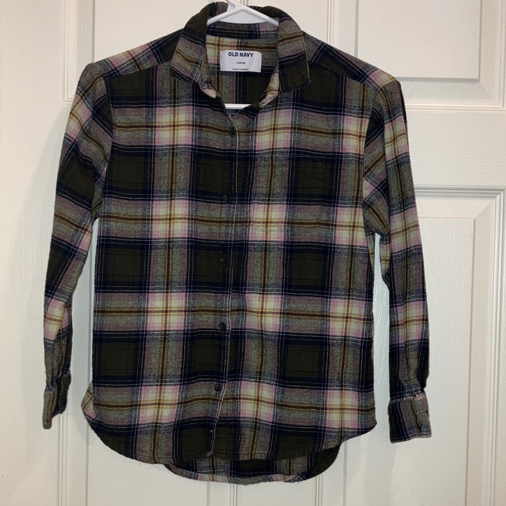 Old Navy Girls Plaid Flannel Shirt Size L 10–12 Pink Navy Olive Button Down